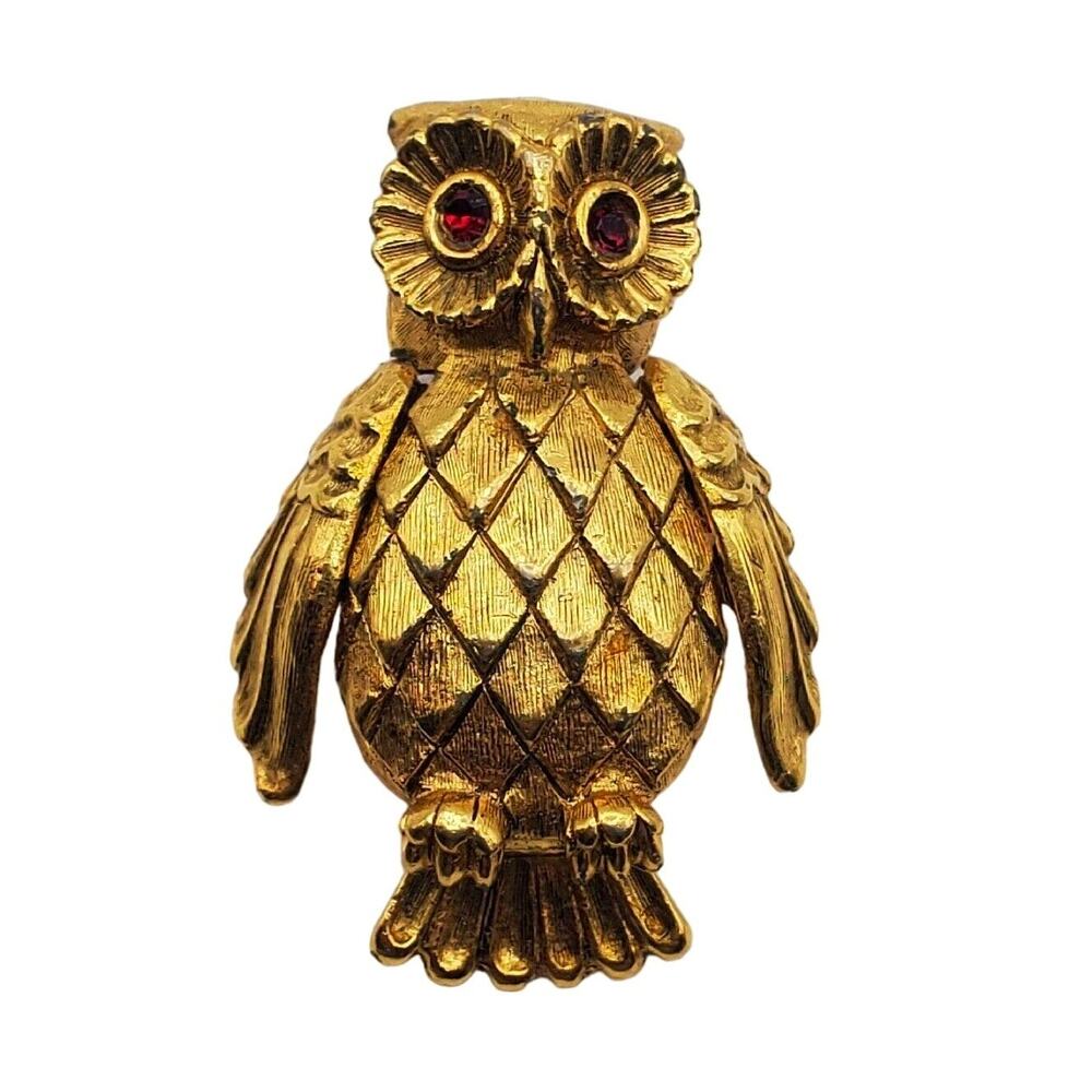 Gold Tone Owl Brooch Solid Perfume Pin Vonda Bird Red Rhinestone Eyes Nature Vtg
